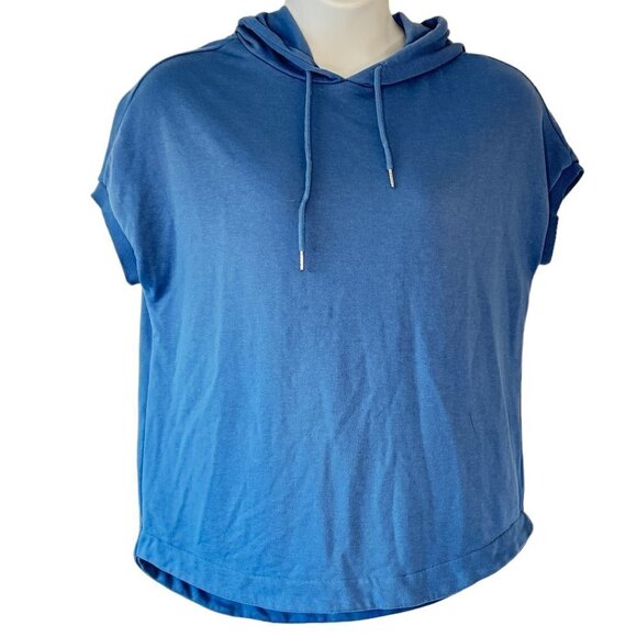 Halston Studio Blue Hoodie has Cap Sleeves and Drawstring Oversized Size Medium - Picture 1 of 8